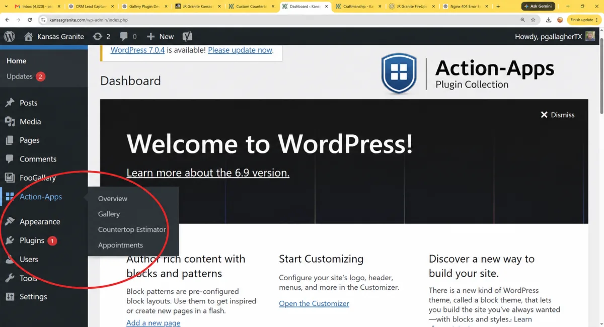 Wordpress Administration Panel — ACTION-APPS wordpress upgrades