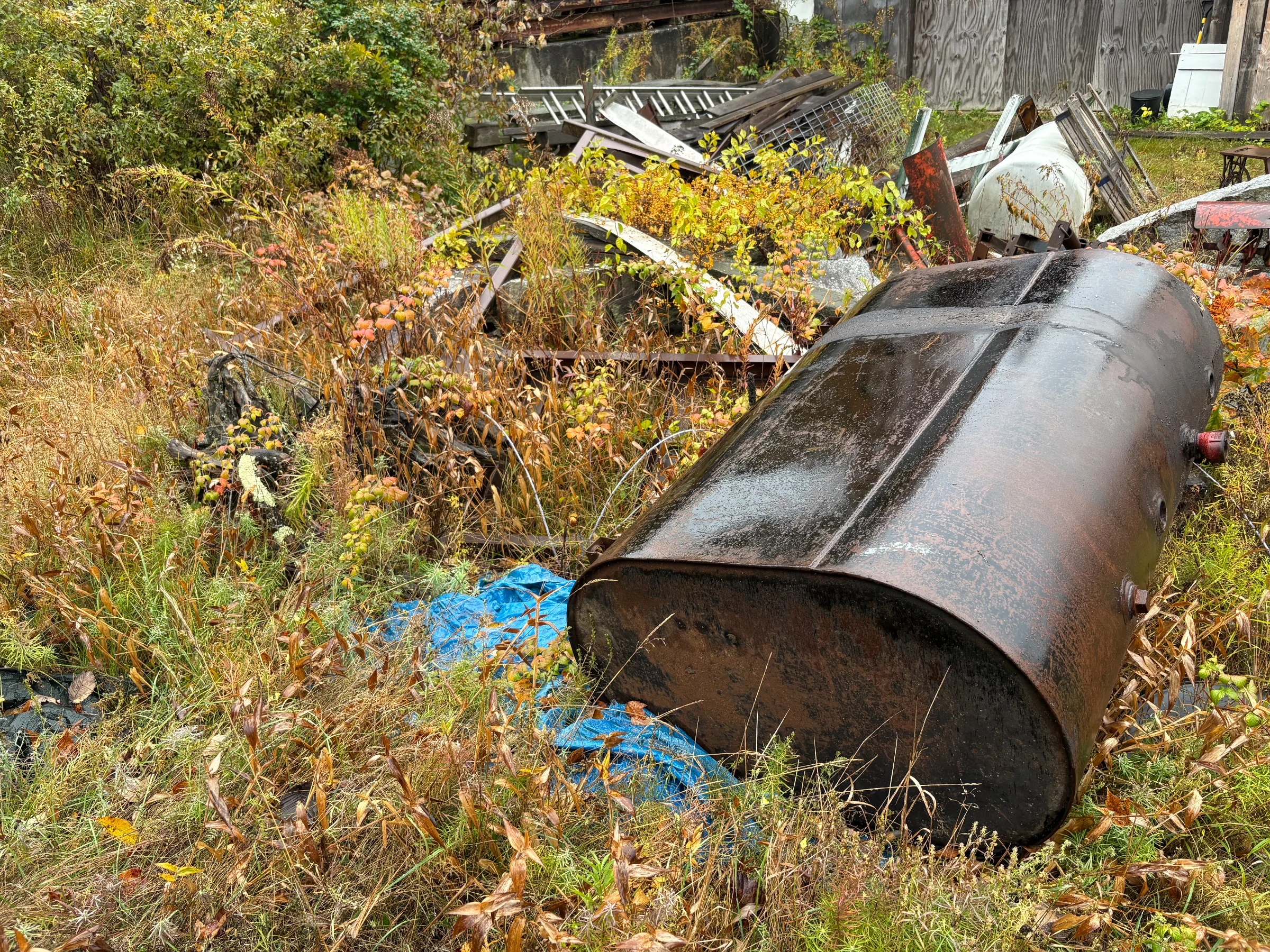 Wood, granite, oil drum. We cleaned out all the old wood planks that were cut and never used.